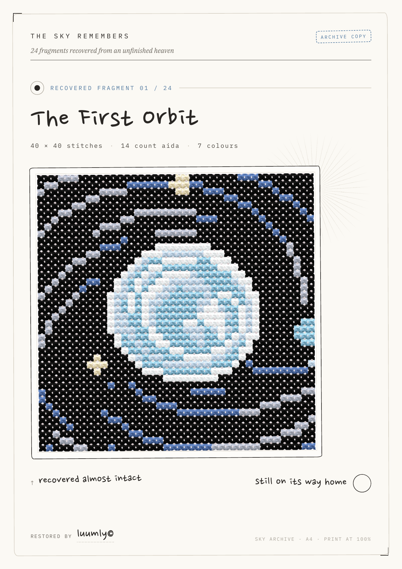 The First Orbit cross stitch pattern cover, Fragment 01