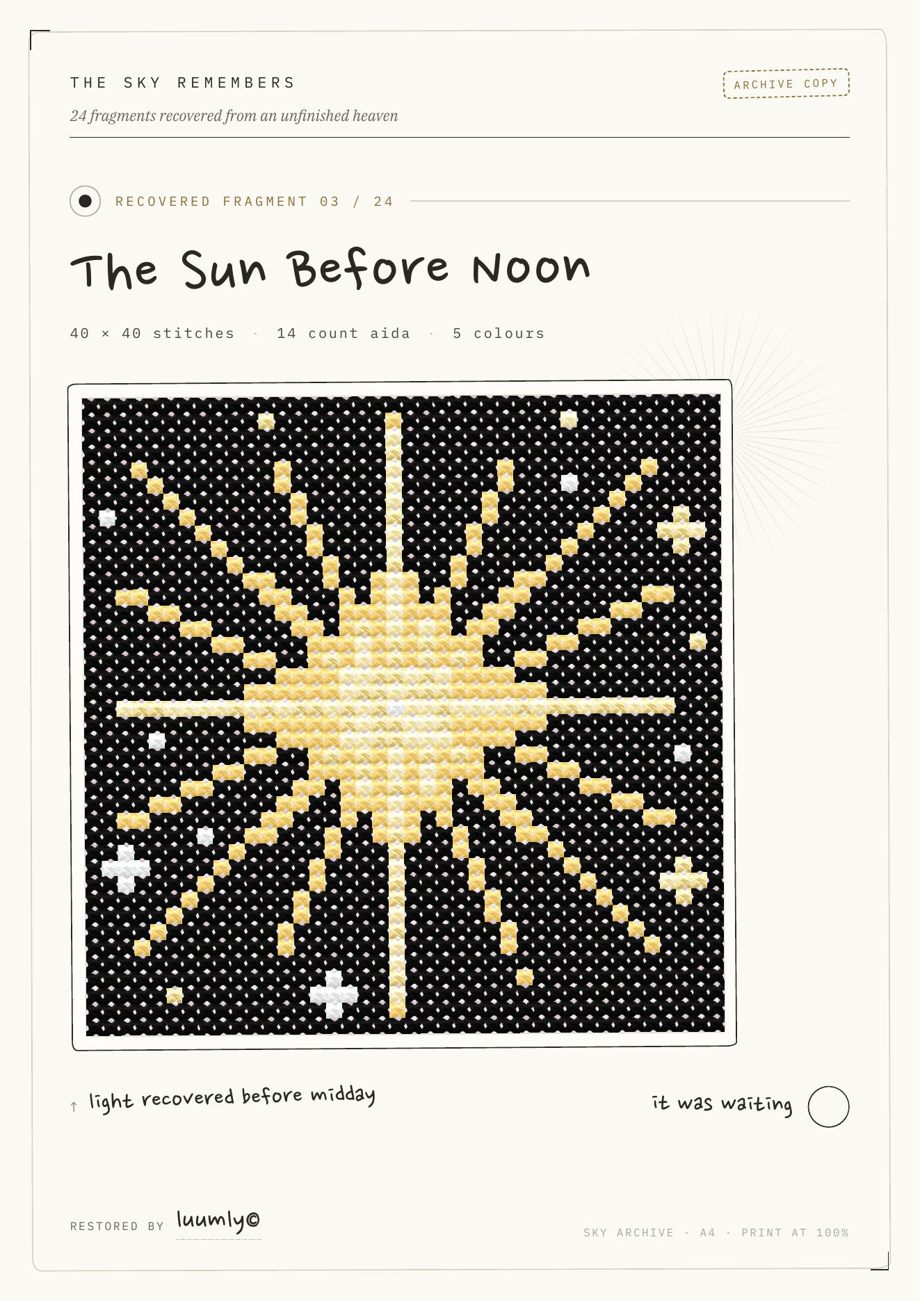 The Sun Before Noon cross stitch pattern cover, Fragment 03