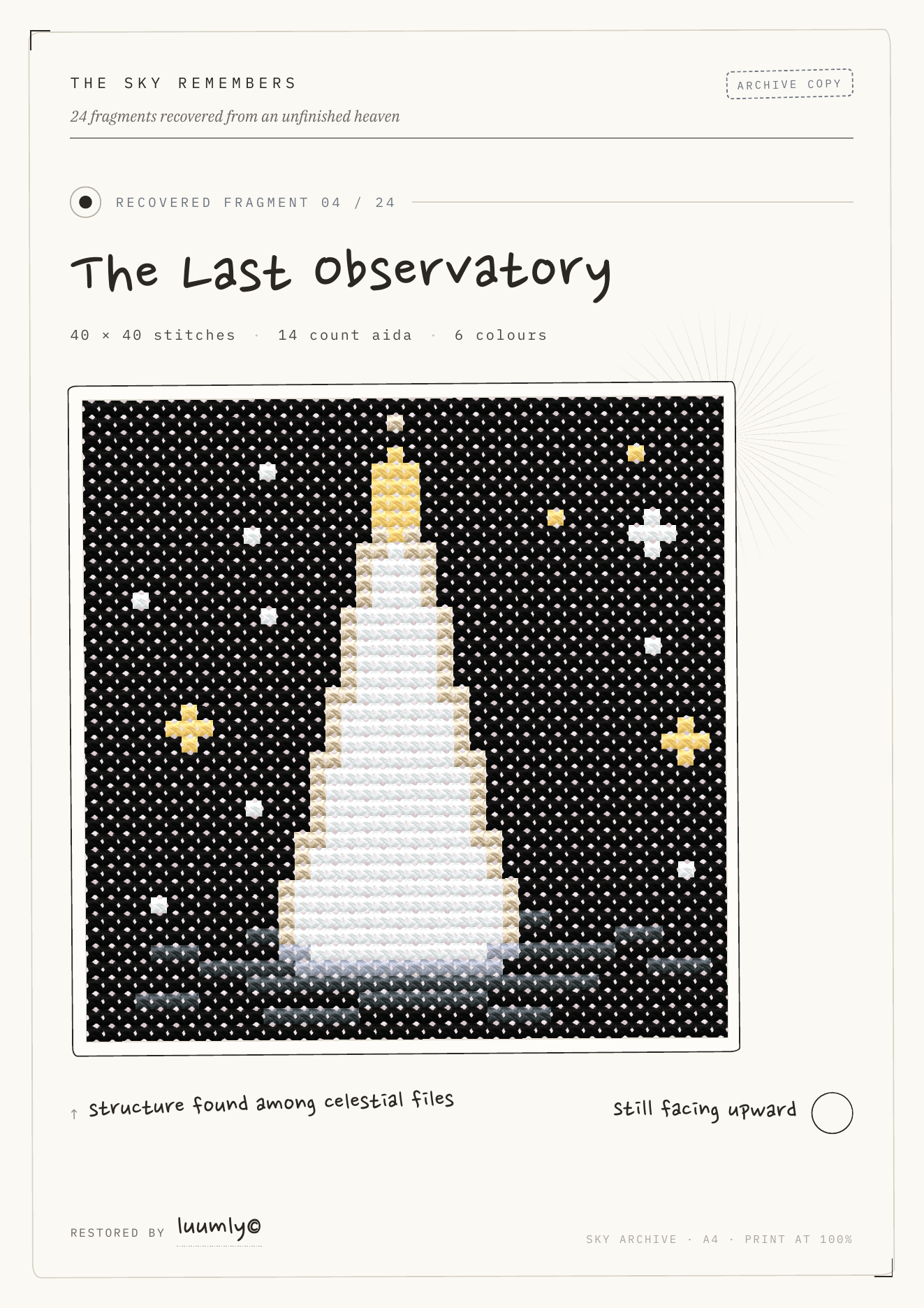 The Last Observatory cross stitch pattern cover, Fragment 04