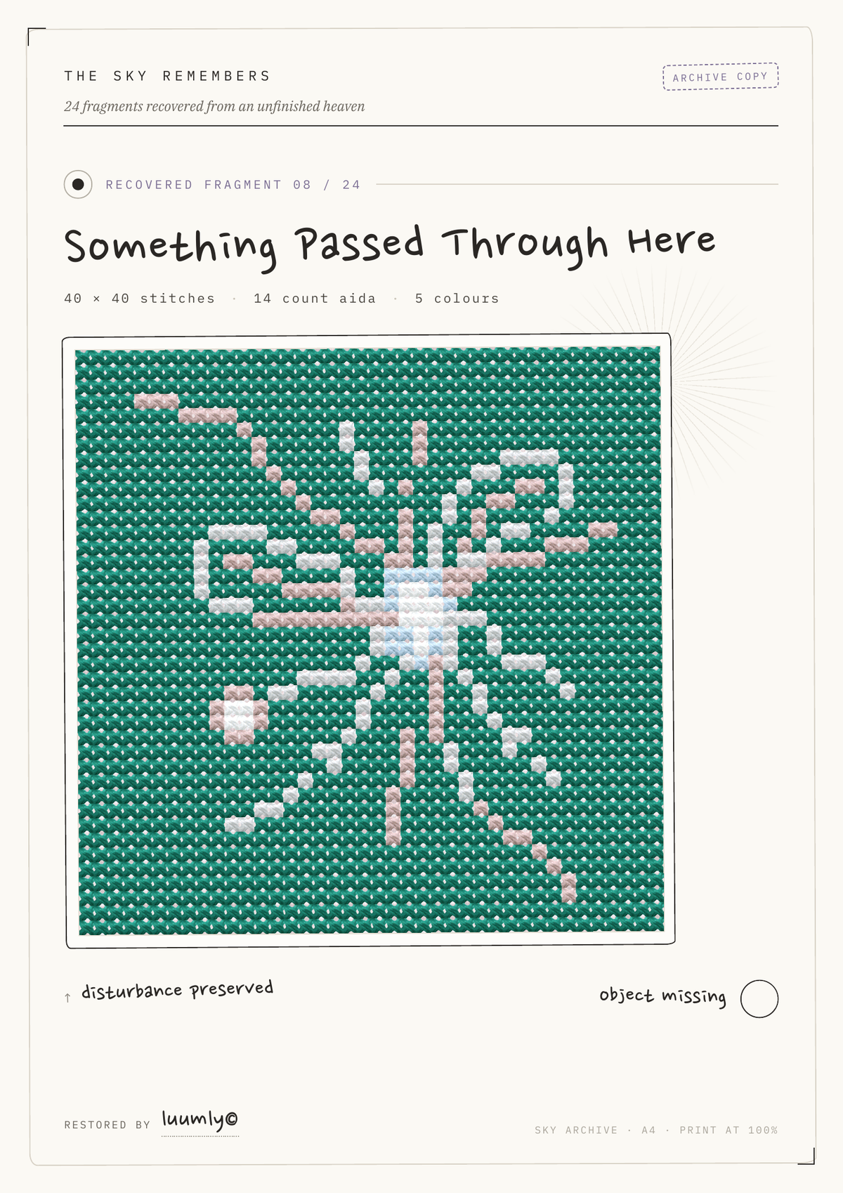 Something Passed Through Here cross stitch pattern cover, Fragment 08